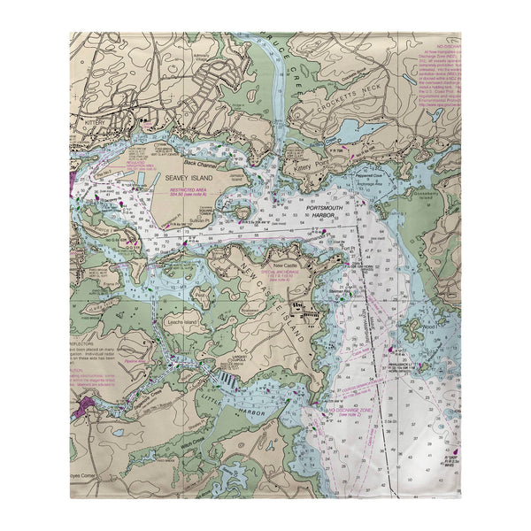 Portsmouth Harbor, NH Nautical Map Fleece Throw