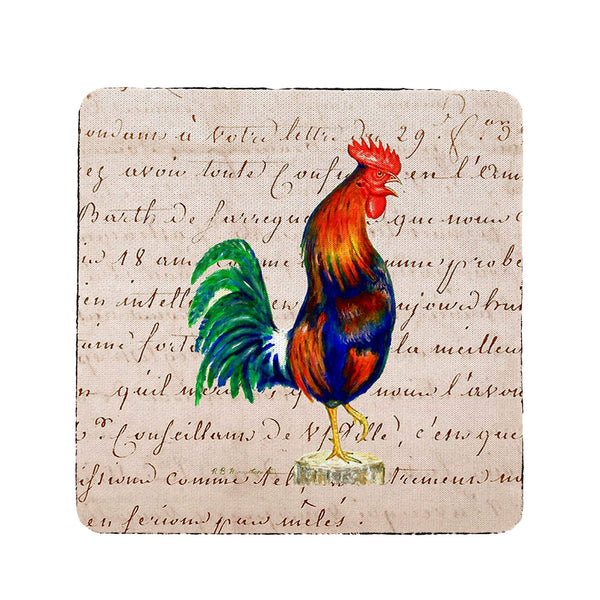 Blue Rooster on Beige Script Coaster Set of 4