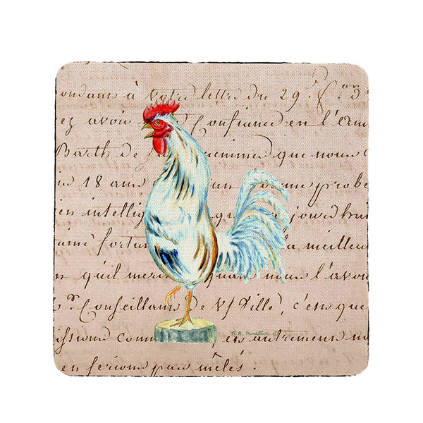 White Rooster on Beige Script Coaster Set of 4