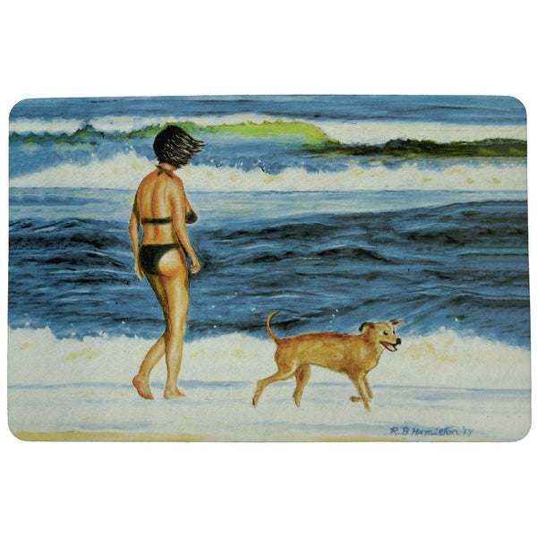 Woman and Dog on Beach Door Mat