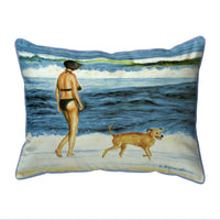Woman and Dog on Beach Indoor/Outdoor Pillow