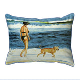 Woman and Dog on Beach Indoor/Outdoor Pillow