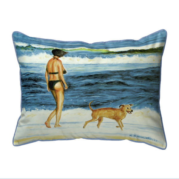 Woman and Dog on Beach Indoor/Outdoor Pillow