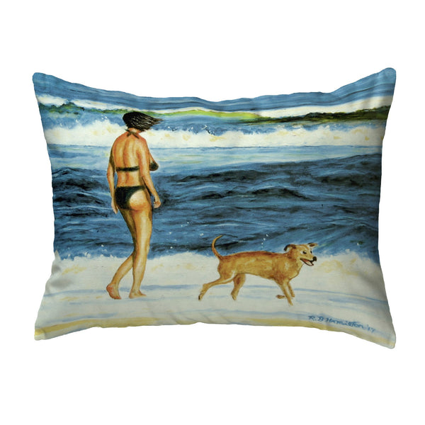 Woman and Dog on Beach Noncorded Indoor/Outdoor Pillow