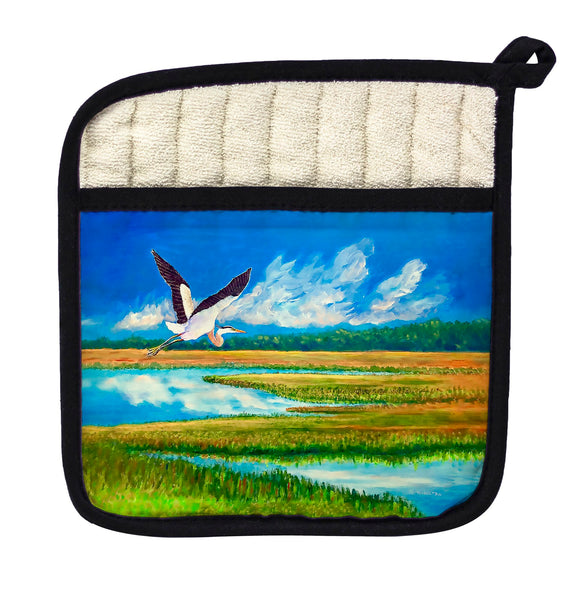 Blue Heron Over Marsh Pot Holder