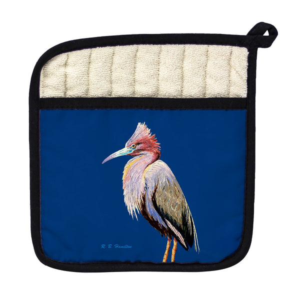 Little Blue Heron on Blue Pot Holder