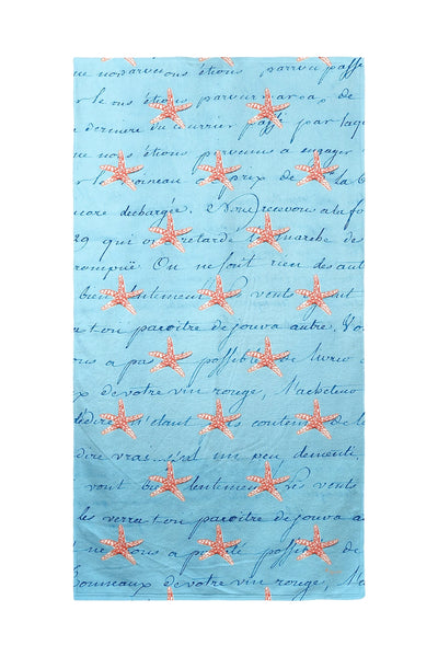 Coral Starfish and Blue Script Beach Towel