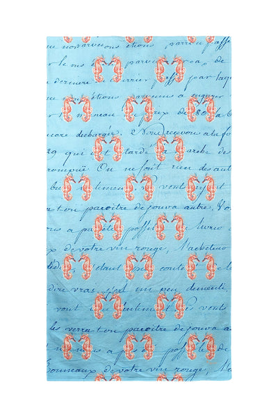 Coral Sea Horse Blue Script Beach Towel