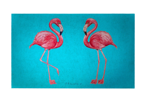 Flamingo on Teal Door Mat