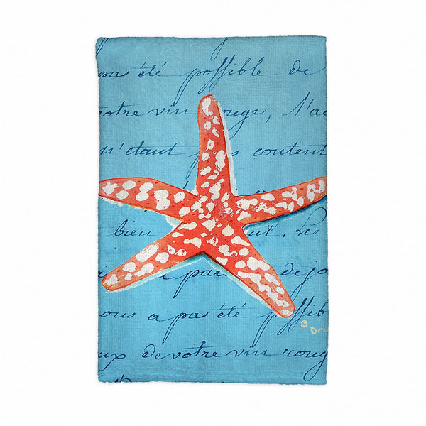 Coral Starfish Blue Script Kitchen Towel
