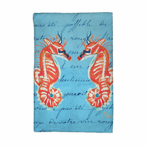 Coral Sea Horses Blue Script Kitchen Towel
