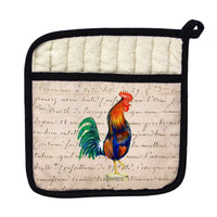 Blue Rooster Beige Script Pot Holder