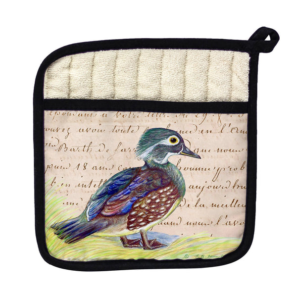 Female Wood Duck Beige Script Pot Holder