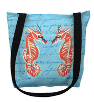 Coral Sea Horses Blue Script Tote Bag